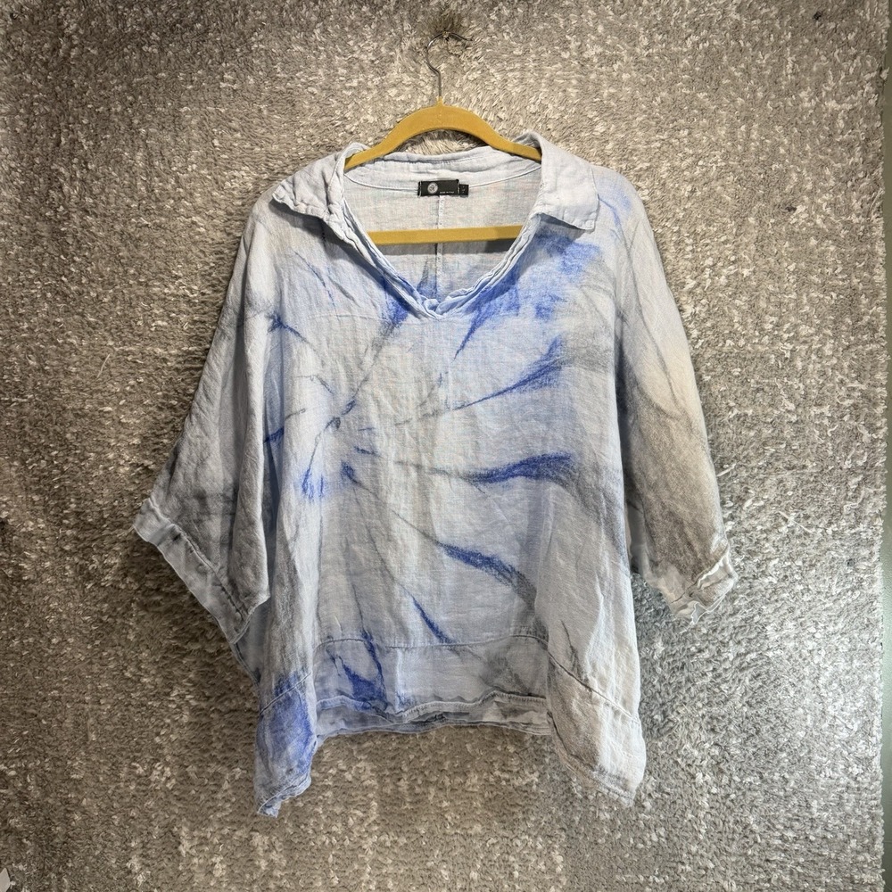 M Made In Italy Linen Top L Dolman Sleeve Bohemian Coastal Lagenlook Tie Dye